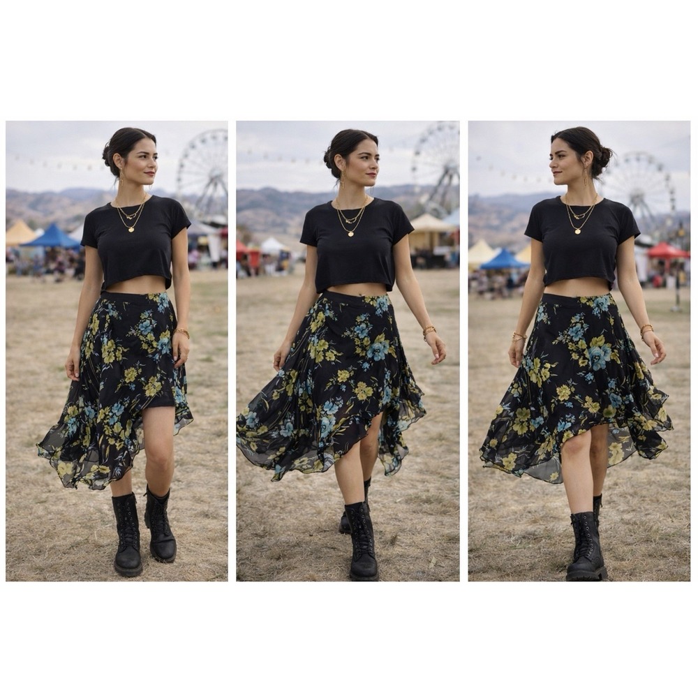 Dana Buchman Midi Skirt 16 Silk Sheer Asymmetrical Floral Y2K Boho Whimsical